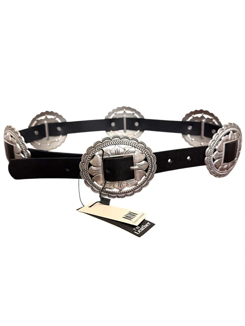 MW Most Wanted  Black Genuine Leather Silver Concho Country Western Belt